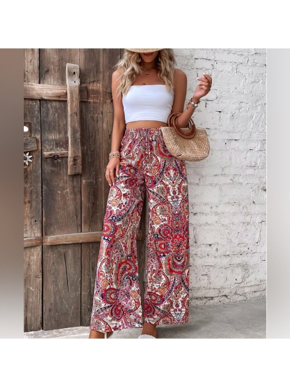 Paisley Print Wide Leg Pants Red